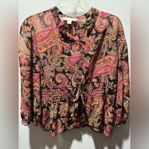 Coldwater Creek Boho 70's Paisley Print Tie Front Peasant Top Sheer Chiffon P L
